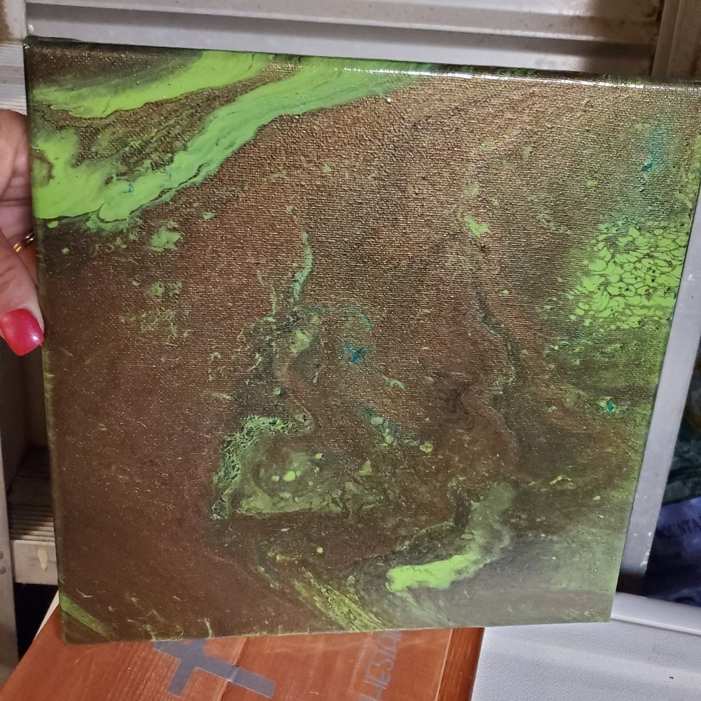 Ooak fluids acrylic paint pour in green and gold